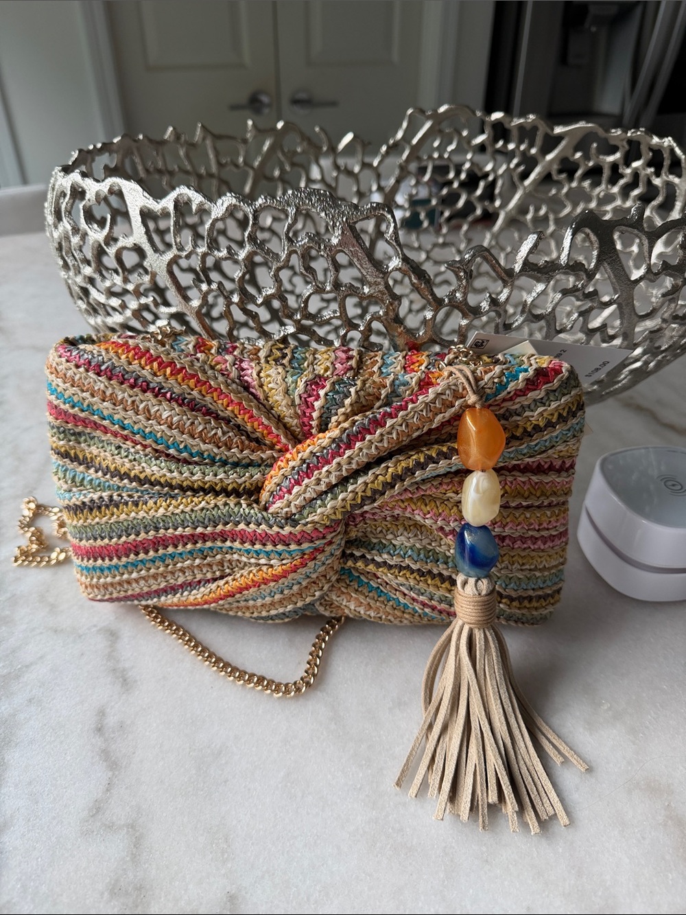 Dolce Vita Striped Multicolor Knit Clutch with Bead Tassel